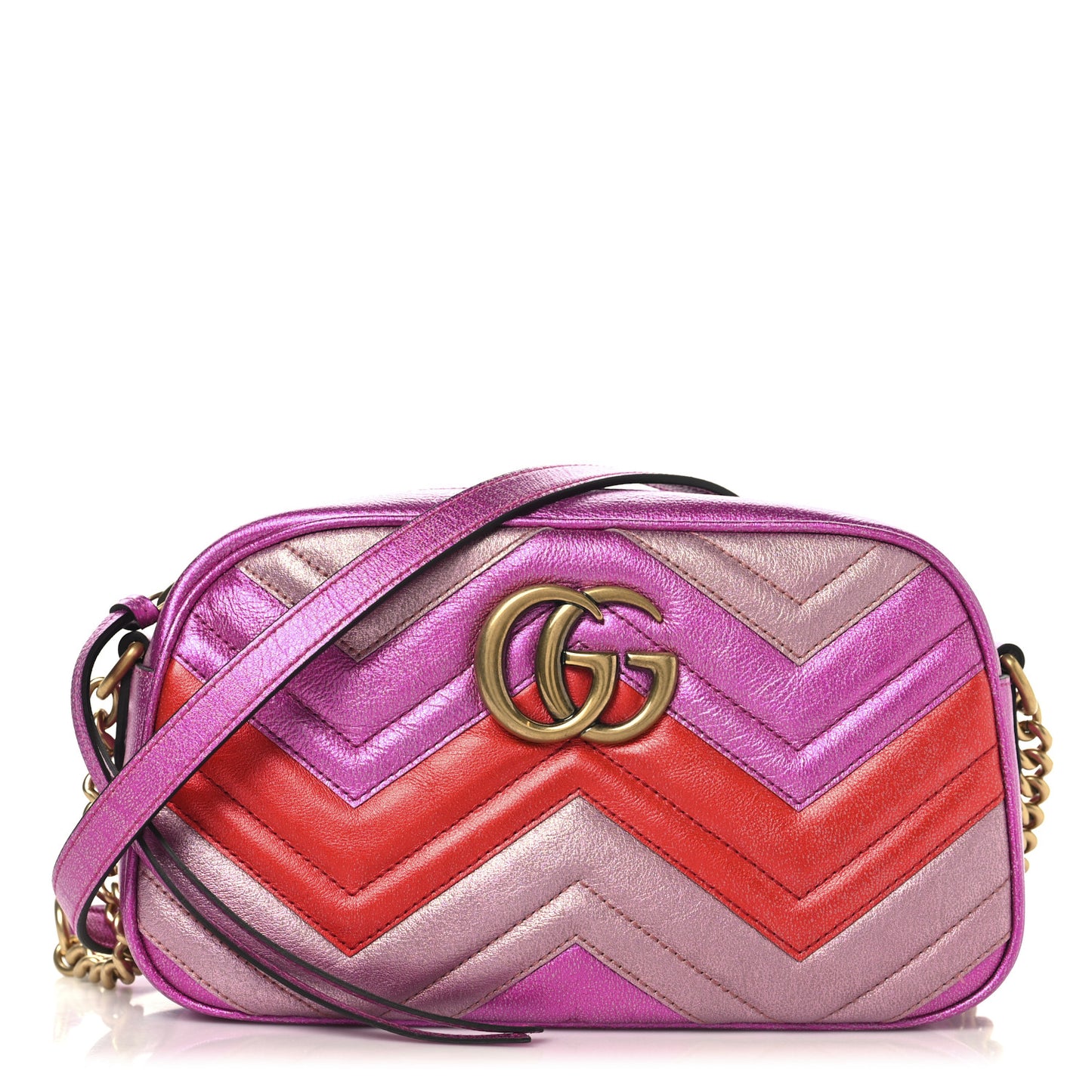Laminated Nappa Matelasse Small GG Marmont Chain Shoulder Bag Fuxia Rosso Rosa