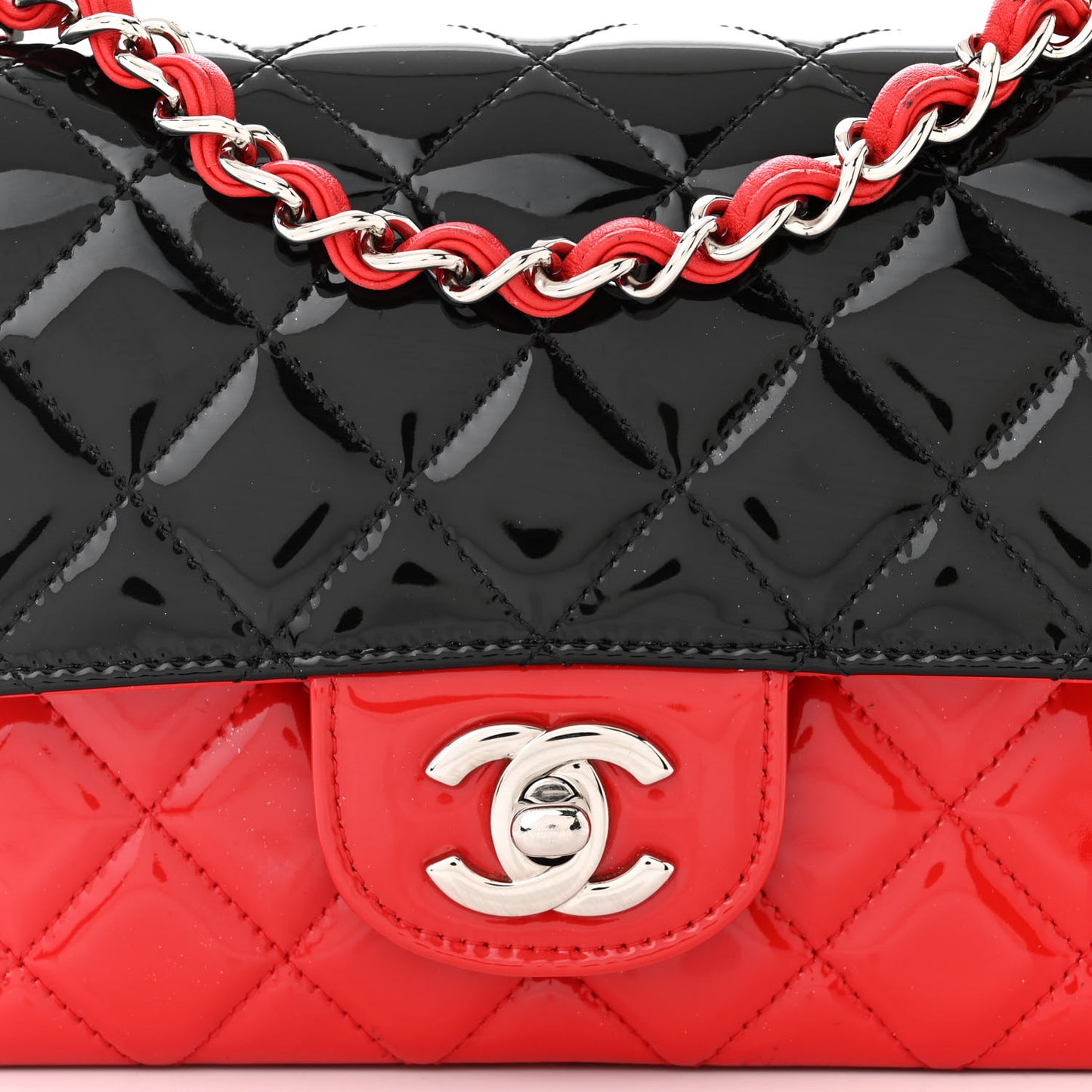 Patent Calfskin Quilted Bi-Color Mini Rectangular Flap Red Black