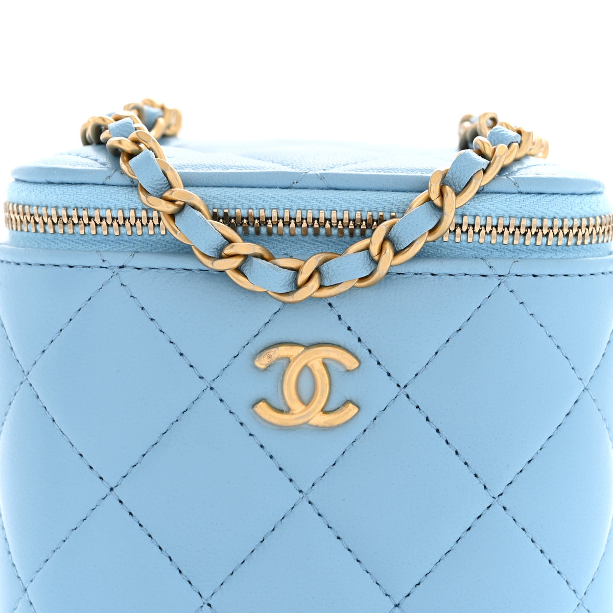 Lambskin Quilted Pearl Crush Mini Vanity Case With Chain Light Blue