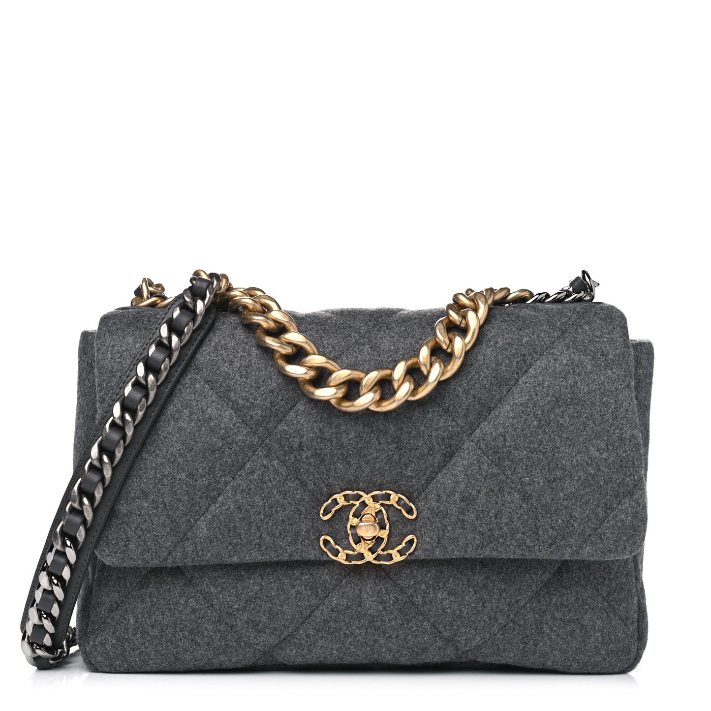 Wool Quilted Large Chanel 19 Flap Grey