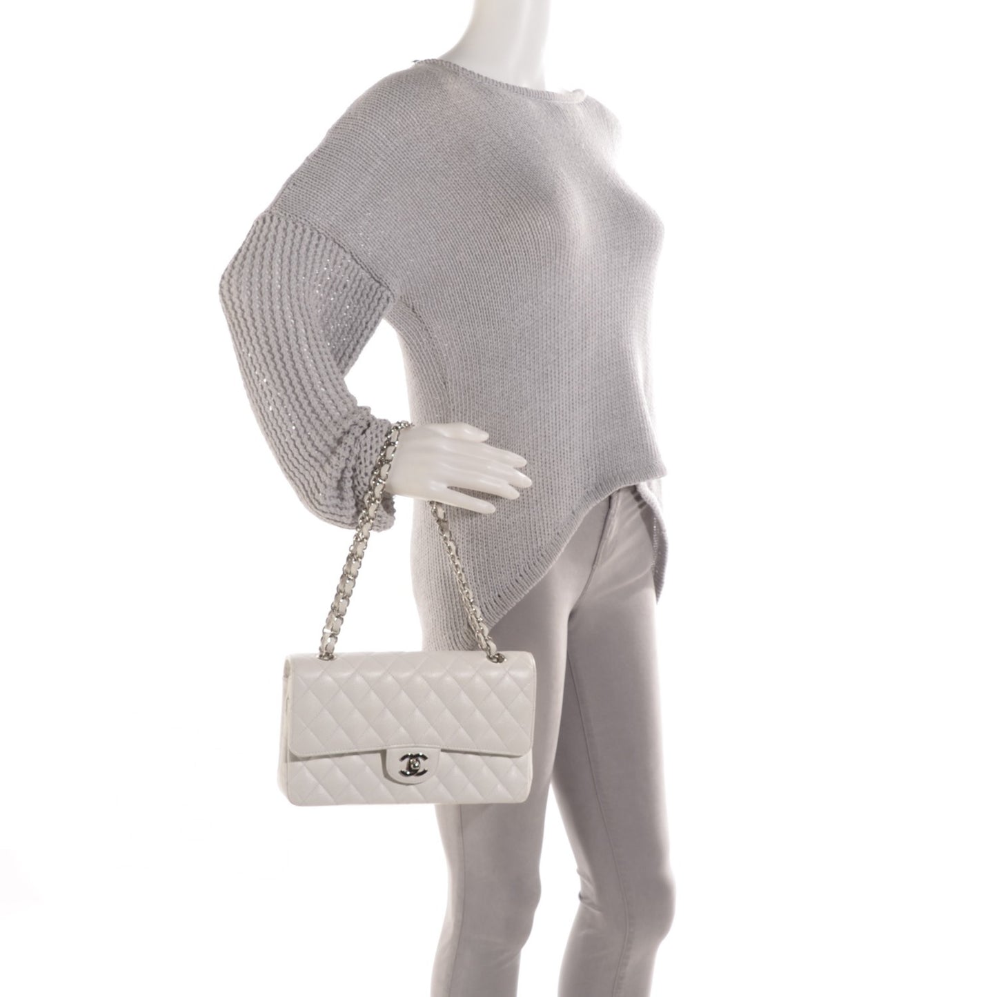 Caviar Quilted Medium Double Flap White