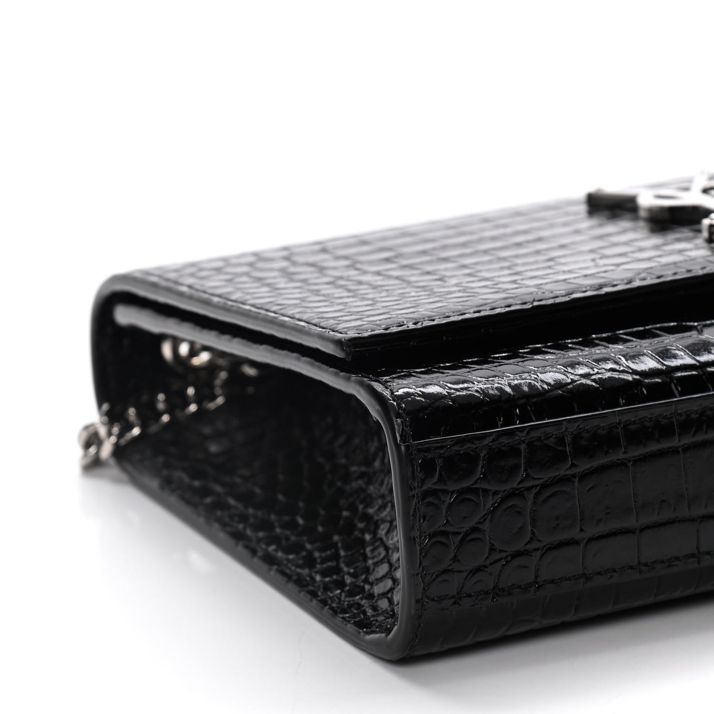 Calfskin Crocodile Embossed Small Classic Monogram Kate Tassel Satchel Black