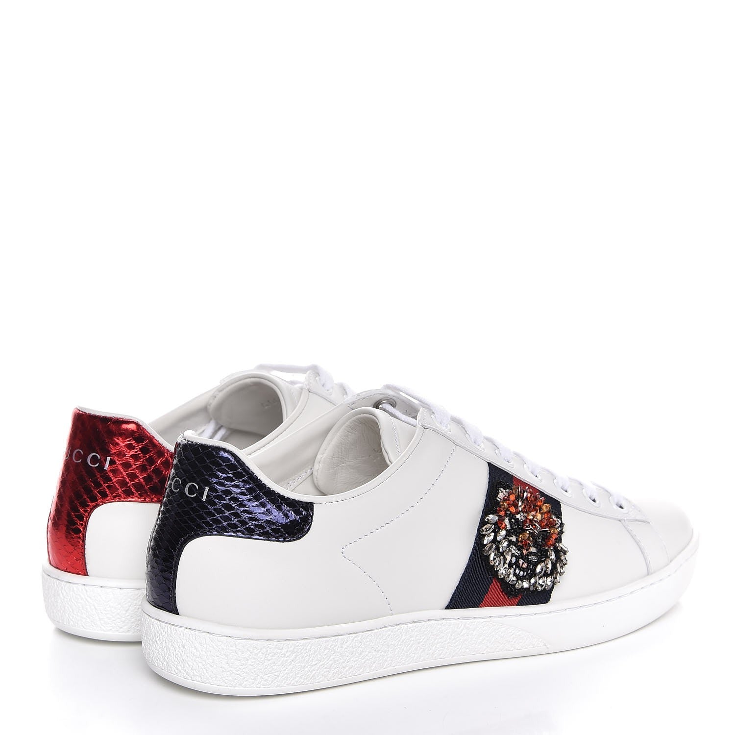 Gucci Calfskin Web Studded Feline Ace Sneakers 37 White 4 of 9
