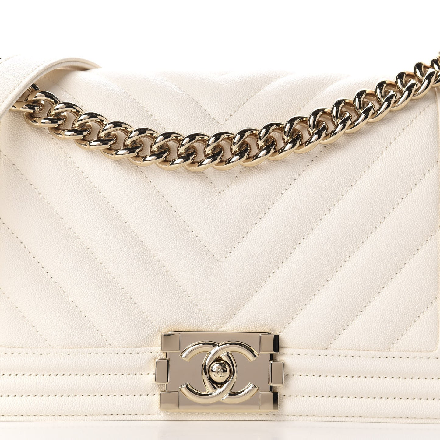 Caviar Chevron Quilted Medium Boy Flap White