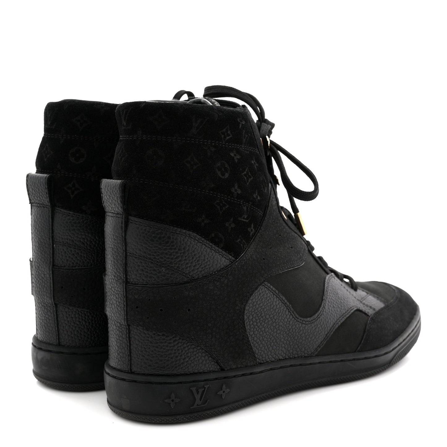 Calfskin Suede Monogram Cliff Top Wedge Sneakers 40 Black