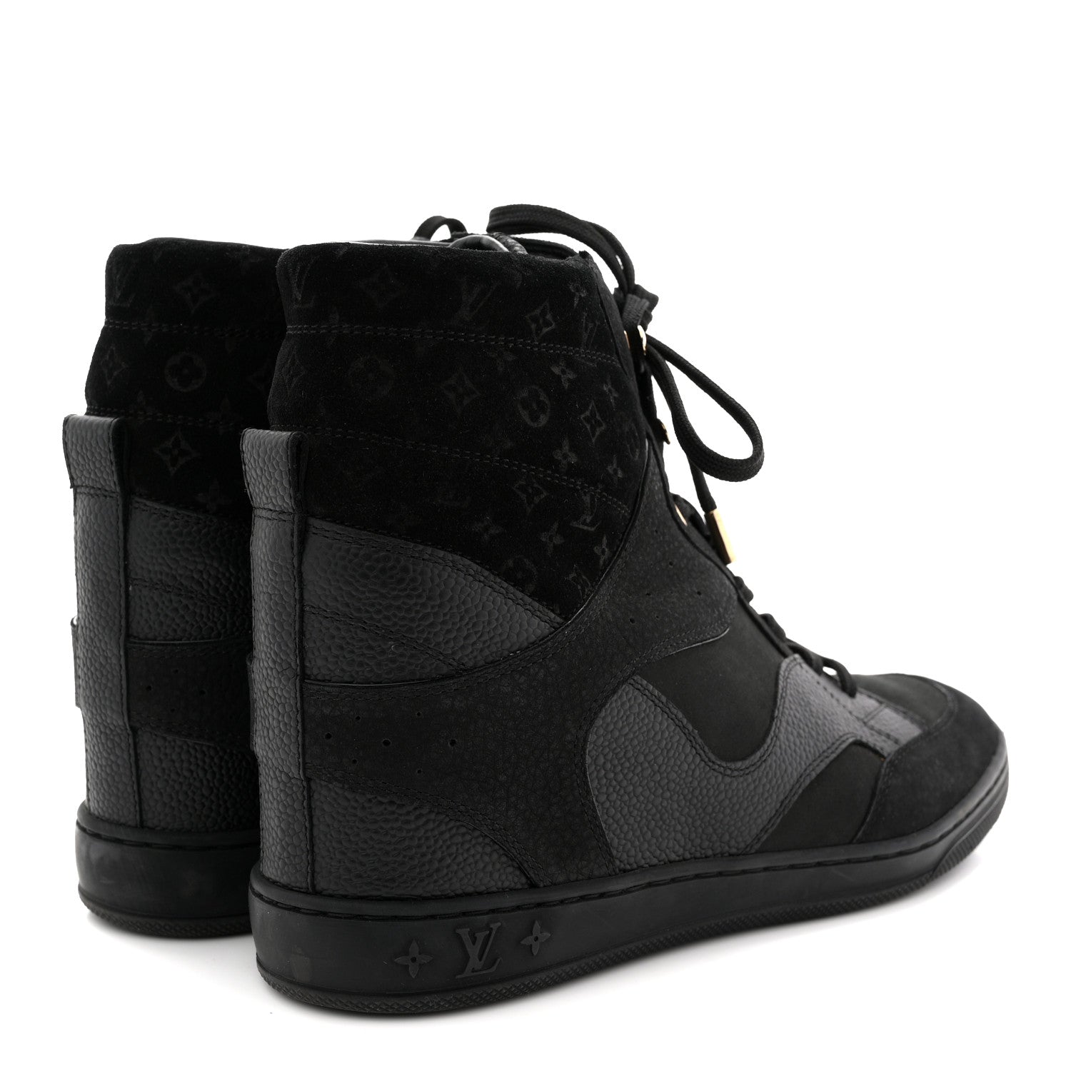 Louis Vuitton Calfskin Suede Monogram Cliff Top Wedge Sneakers 40 Black 5 of 11