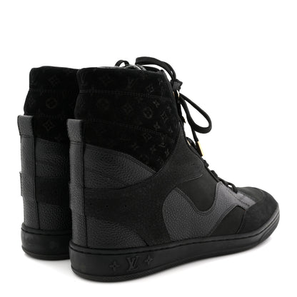 Louis Vuitton Calfskin Suede Monogram Cliff Top Wedge Sneakers 40 Black 5 of 11