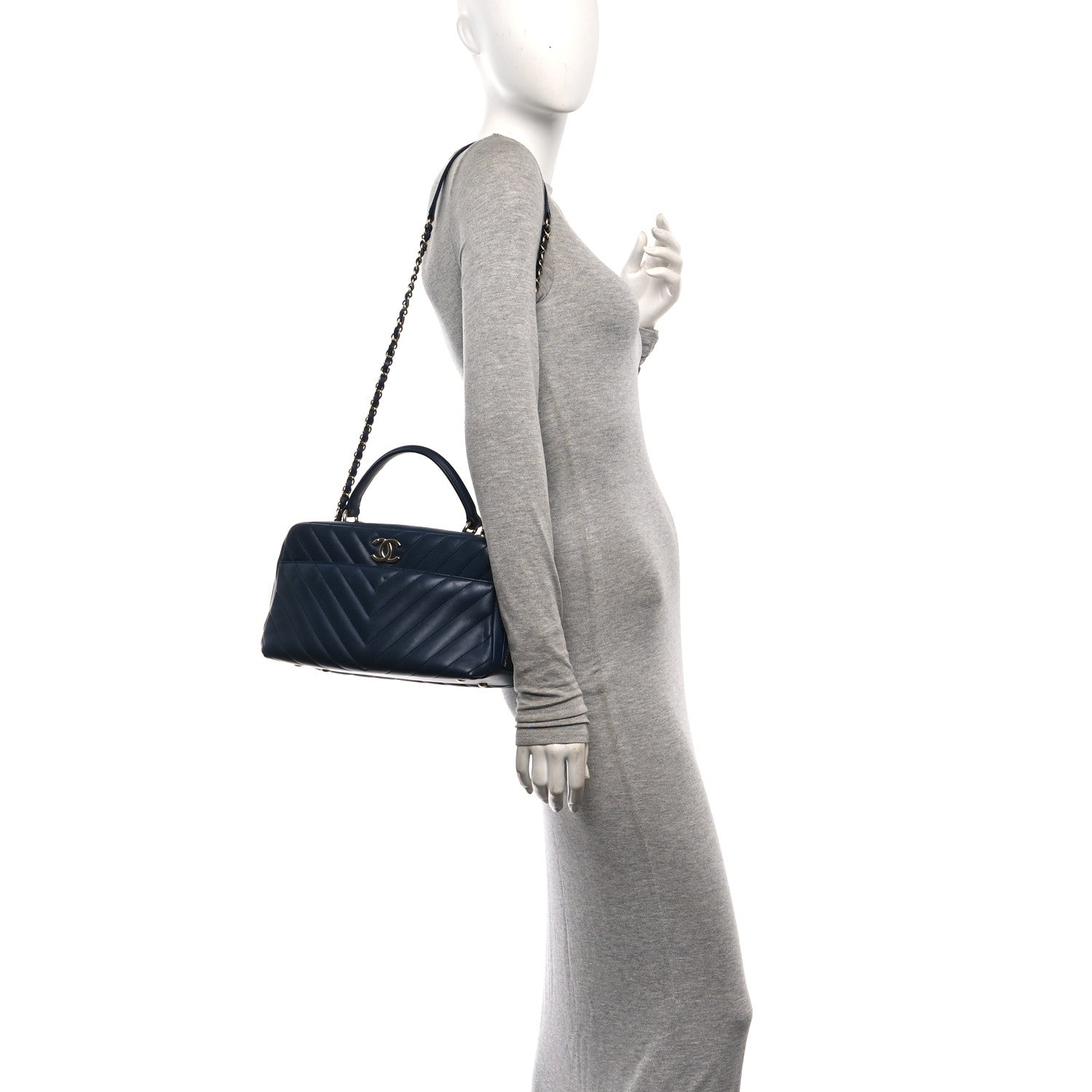 Chanel Lambskin Chevron Quilted Small Trendy CC Bowling Bag Navy Blue 2 of 10