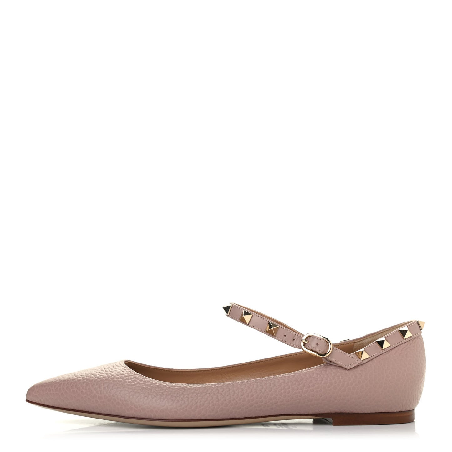 Pebbled Calfskin Rockstud Ankle Strap Ballerina Flats 39.5 Poudre