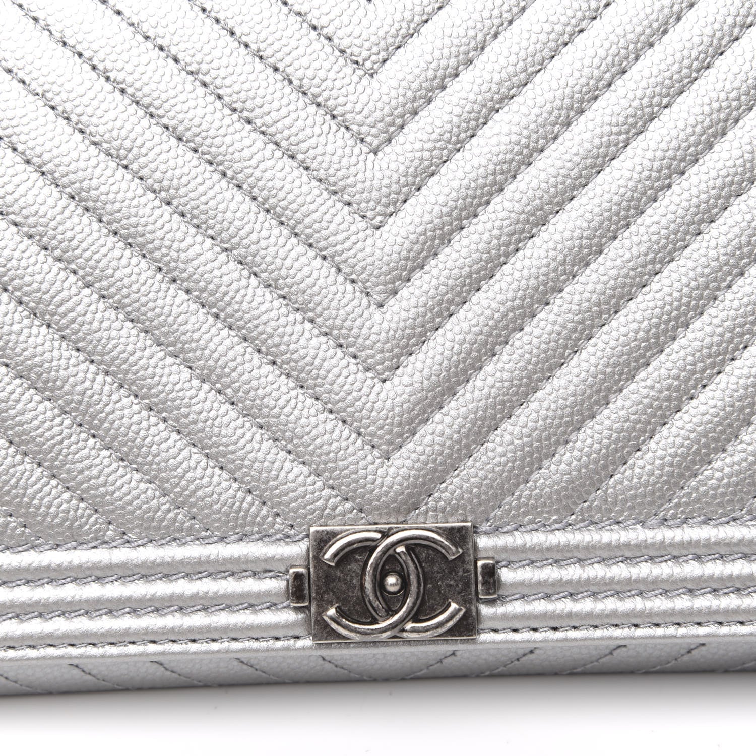 Chanel Metallic Caviar Chevron Quilted Boy Wallet On Removable Chain WOC Silver 12 of 14
