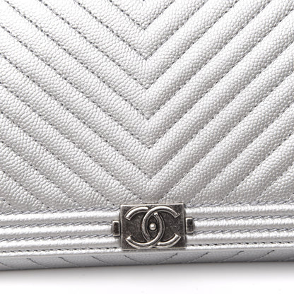 Chanel Metallic Caviar Chevron Quilted Boy Wallet On Removable Chain WOC Silver 12 of 14
