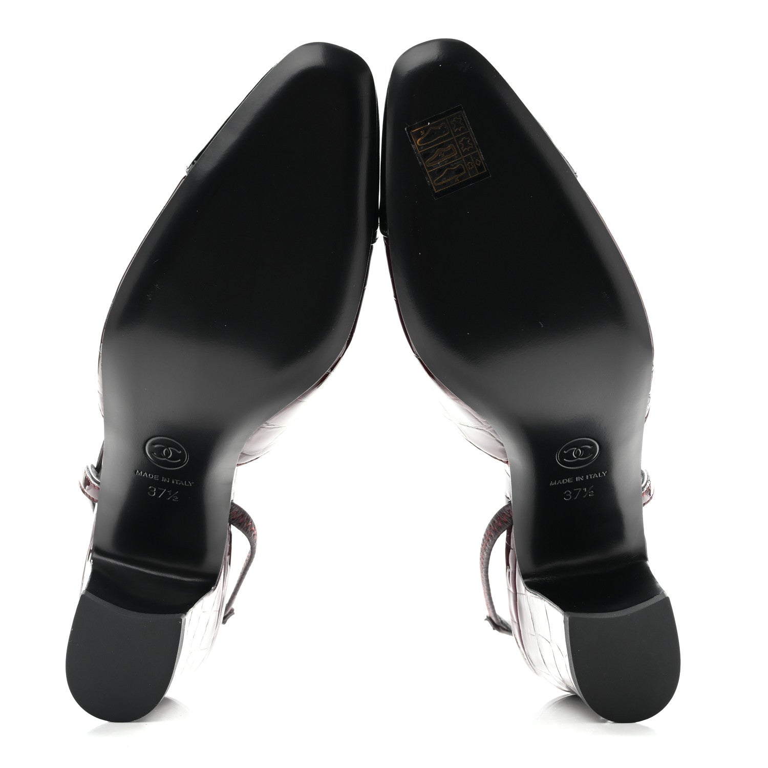 Chanel Patent Calfskin Crocodile Embossed Cap Toe CC Slingback Pumps 37.5 Dark Burgundy Black 7 of 11
