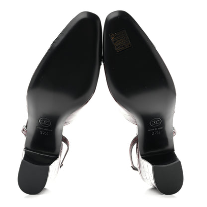 Chanel Patent Calfskin Crocodile Embossed Cap Toe CC Slingback Pumps 37.5 Dark Burgundy Black 7 of 11