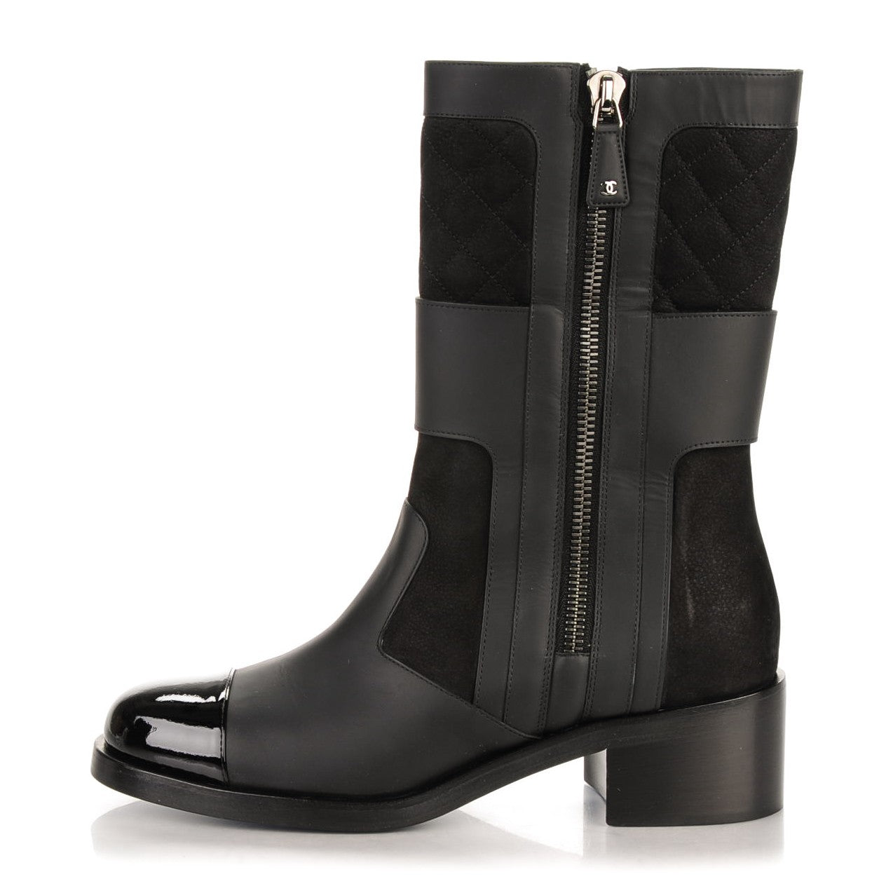 Calfskin Quilted Patent Cap Toe Boots 41.5 Black