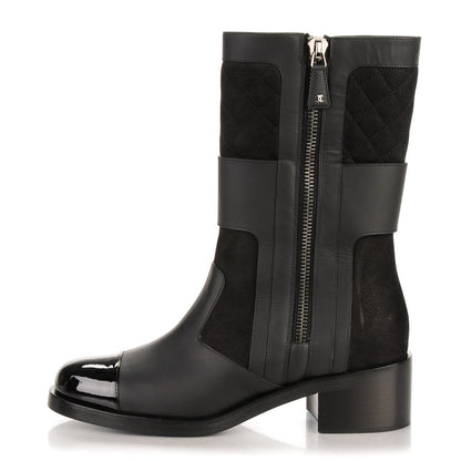 Chanel Calfskin Quilted Patent Cap Toe Boots 41.5 Black 1 of 7