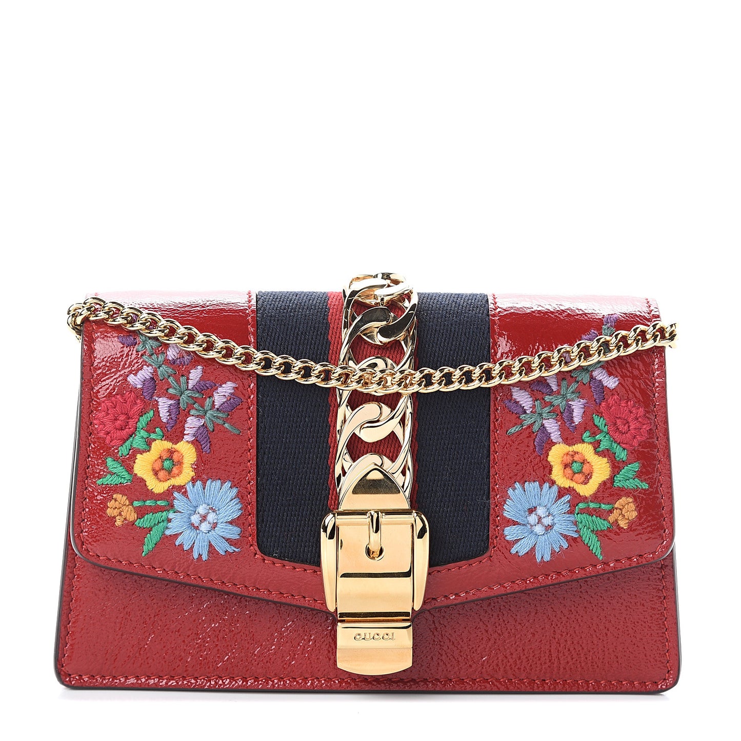Patent Embroidered Super Mini Sylvie Chain Shoulder Bag Red
