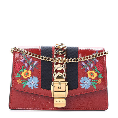 Gucci Patent Embroidered Super Mini Sylvie Chain Shoulder Bag Red 1 of 7