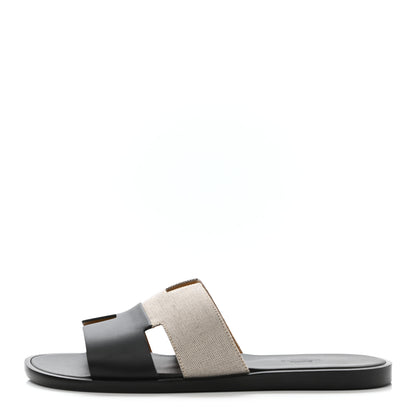Hermes Canvas Calfskin Mens Izmir Sandals 40 Black Prunoir 1 of 8