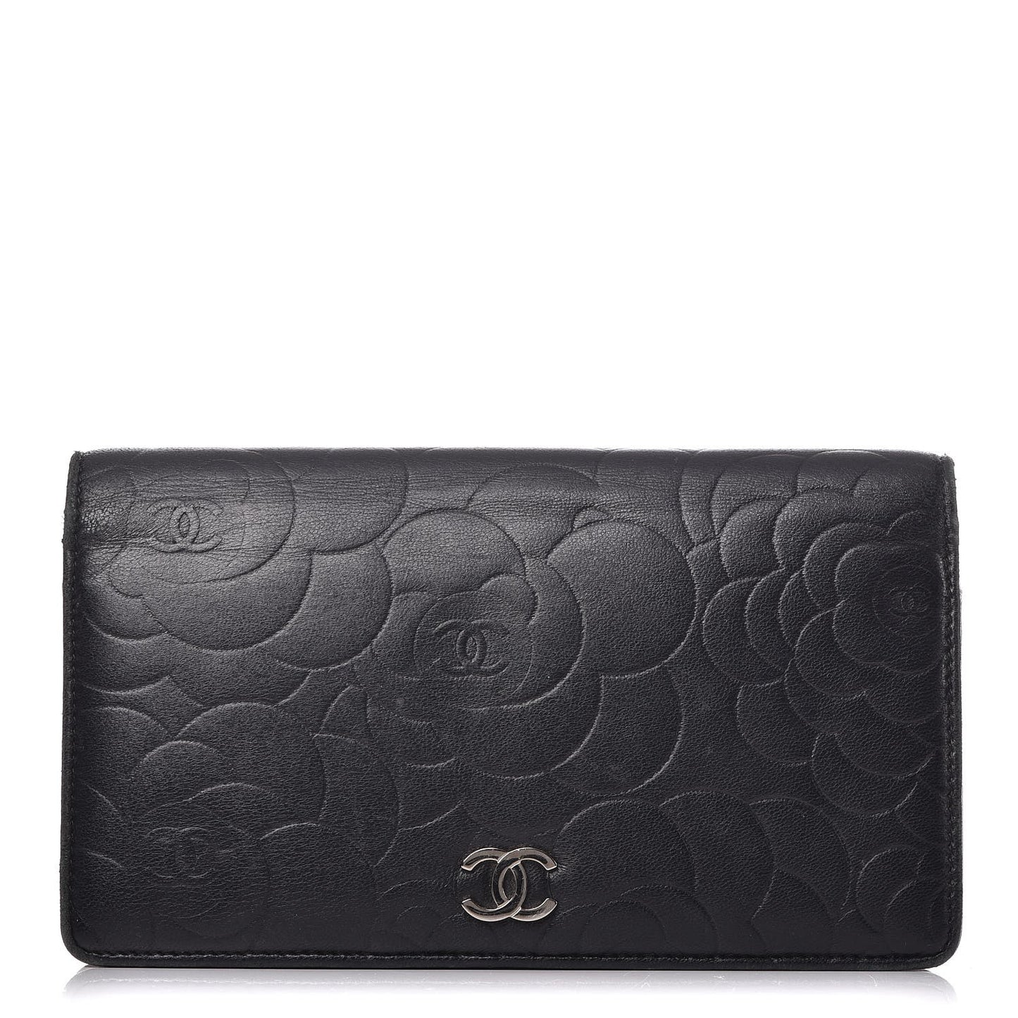 Lambskin Camellia Embossed Yen Wallet Black