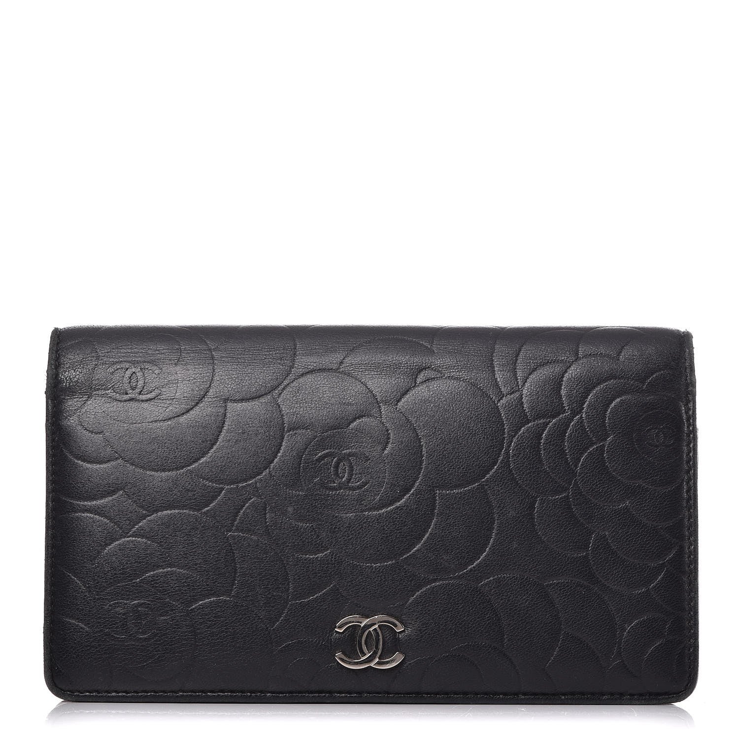 Chanel Lambskin Camellia Embossed Yen Wallet Black 1 of 14