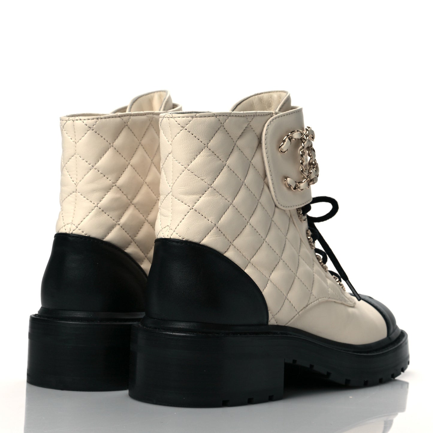Shiny Goatskin Calfskin Quilted Lace Up Combat Boots 37 Ivory Black