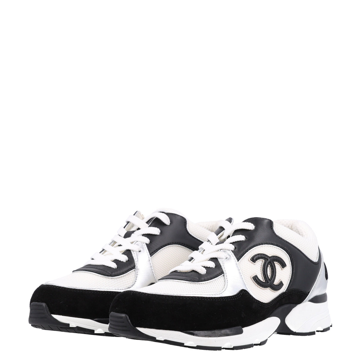 Mesh Suede Calfskin Grained Calfskin Womens CC Sneakers 39 Black White Silver