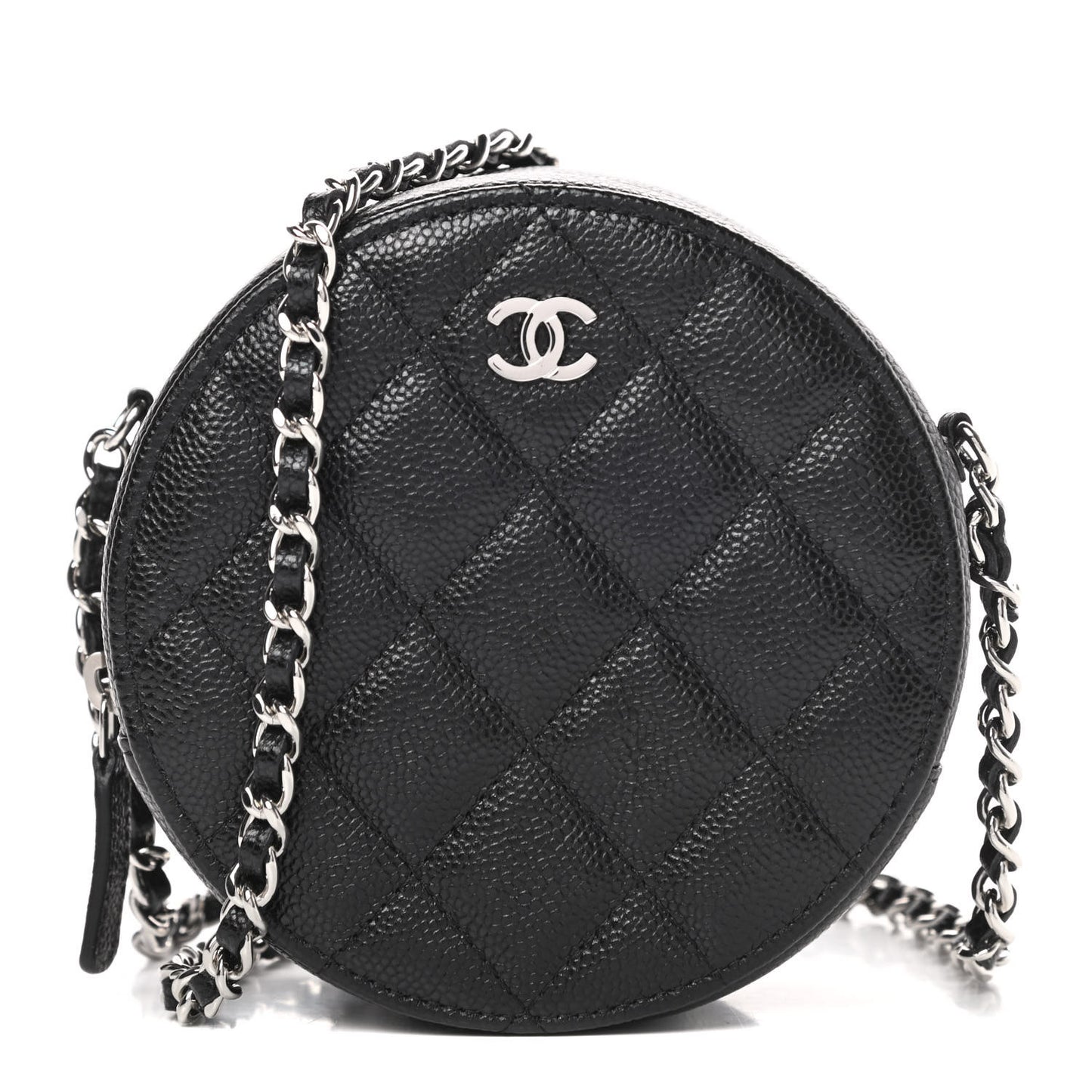 Caviar Quilted Round Clutch With Chain Black