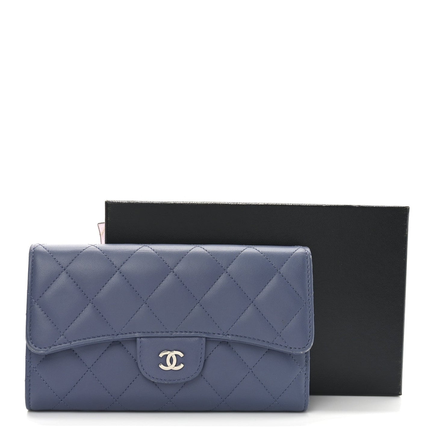 Lambskin Quilted Large Flap Wallet Blue