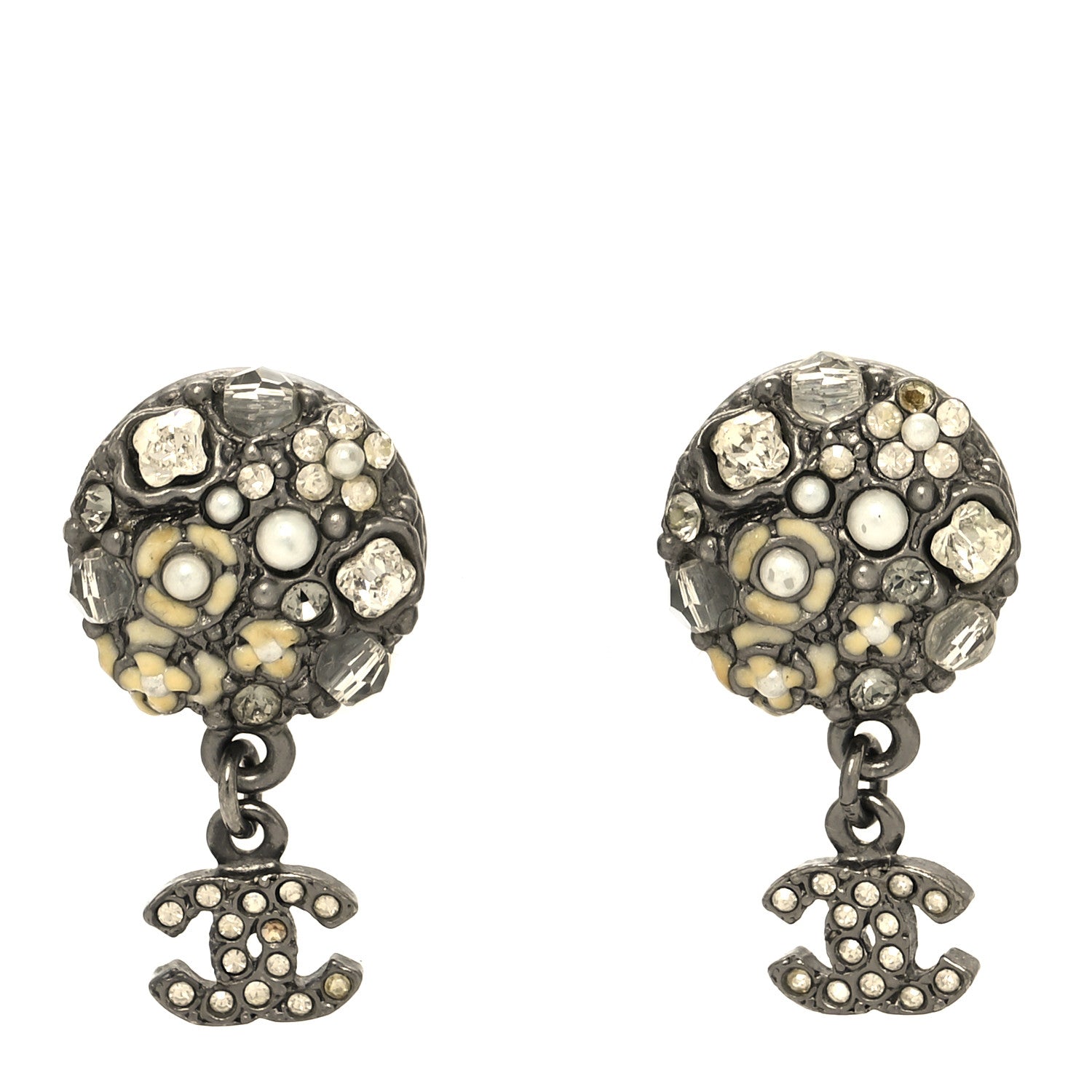 Chanel Ruthenium Crystal Pearl Enamel Drop CC Earrings 1 of 4