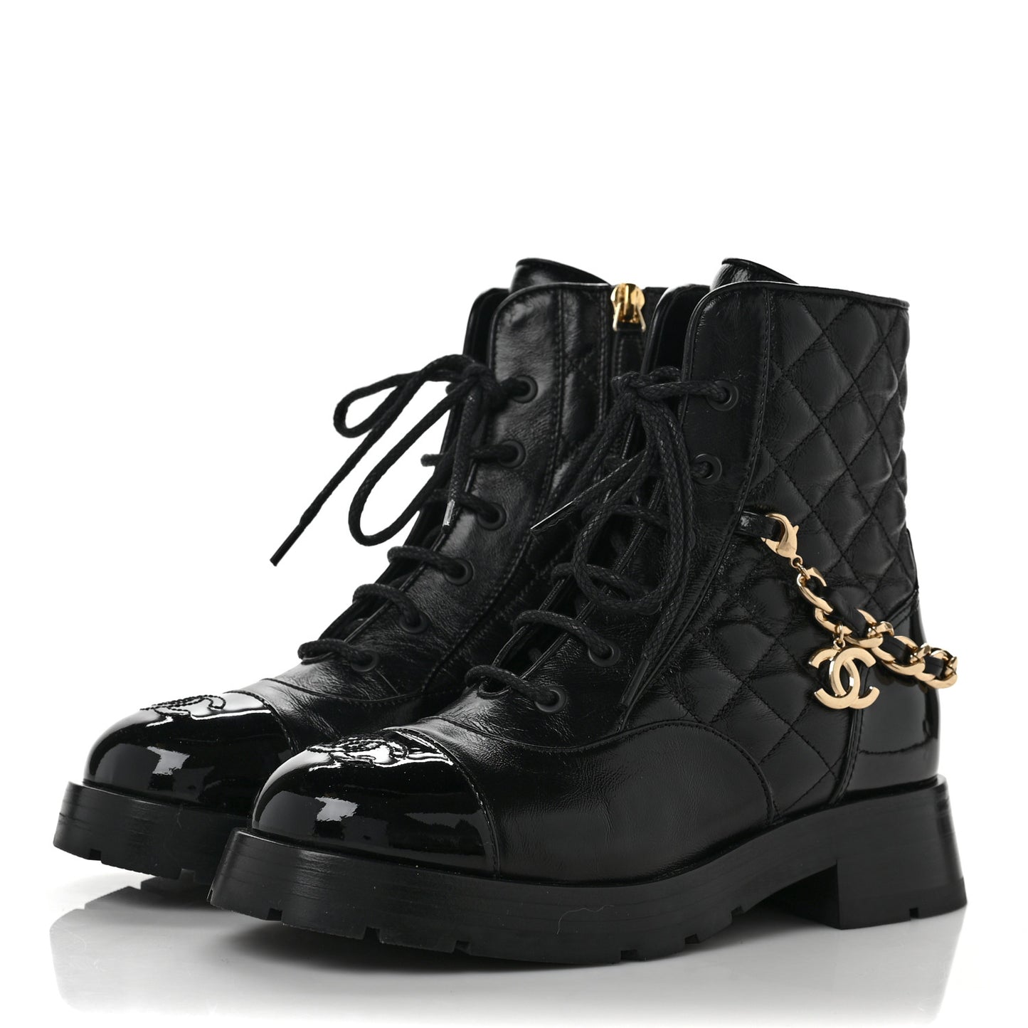 Shiny Calfskin Patent Quilted Chain Lace Up Combat Boots 36.5 Black