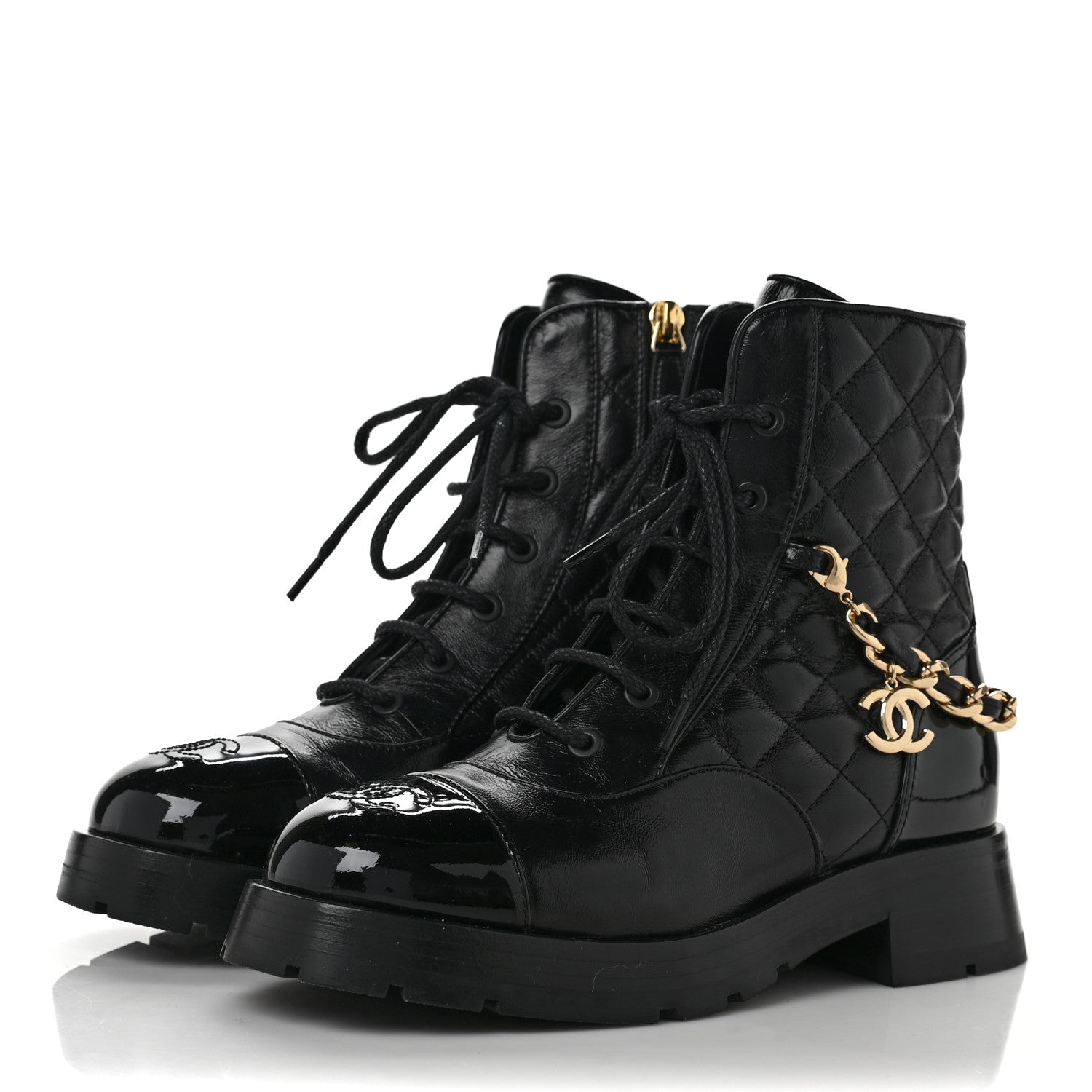Chanel Shiny Calfskin Patent Quilted Chain Lace Up Combat Boots 36.5 Black 3 of 10