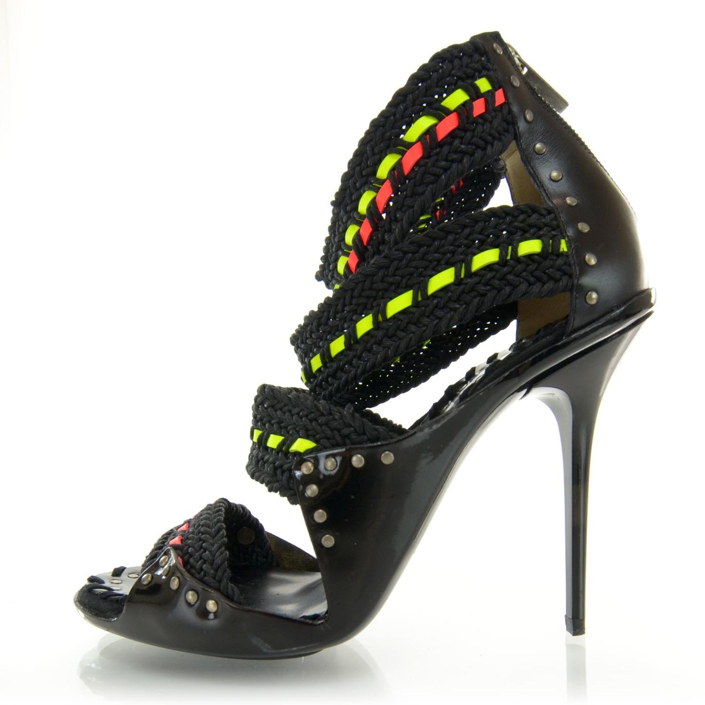 Leather Braided Neon Camila Sandals Heels 40.5 Black