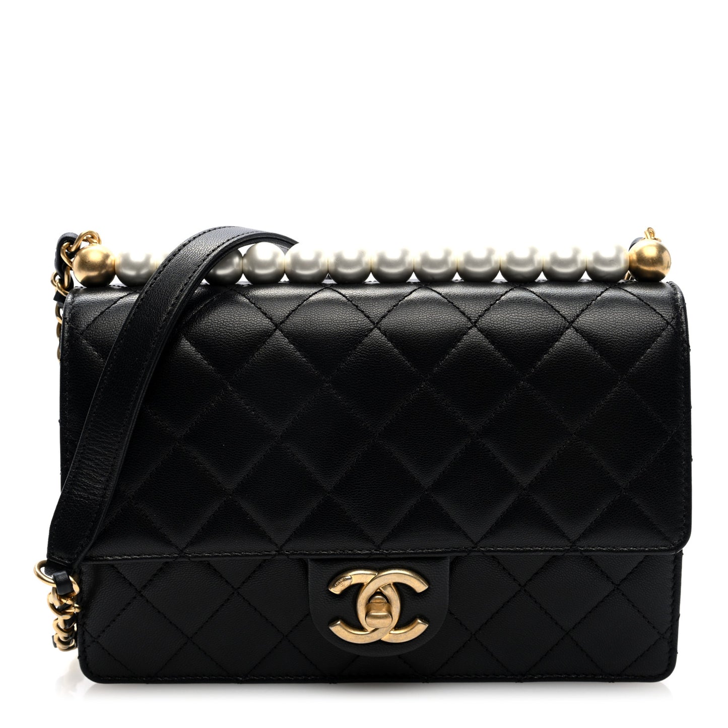 Goatskin Quilted Small Chic Pearls Flap Black
