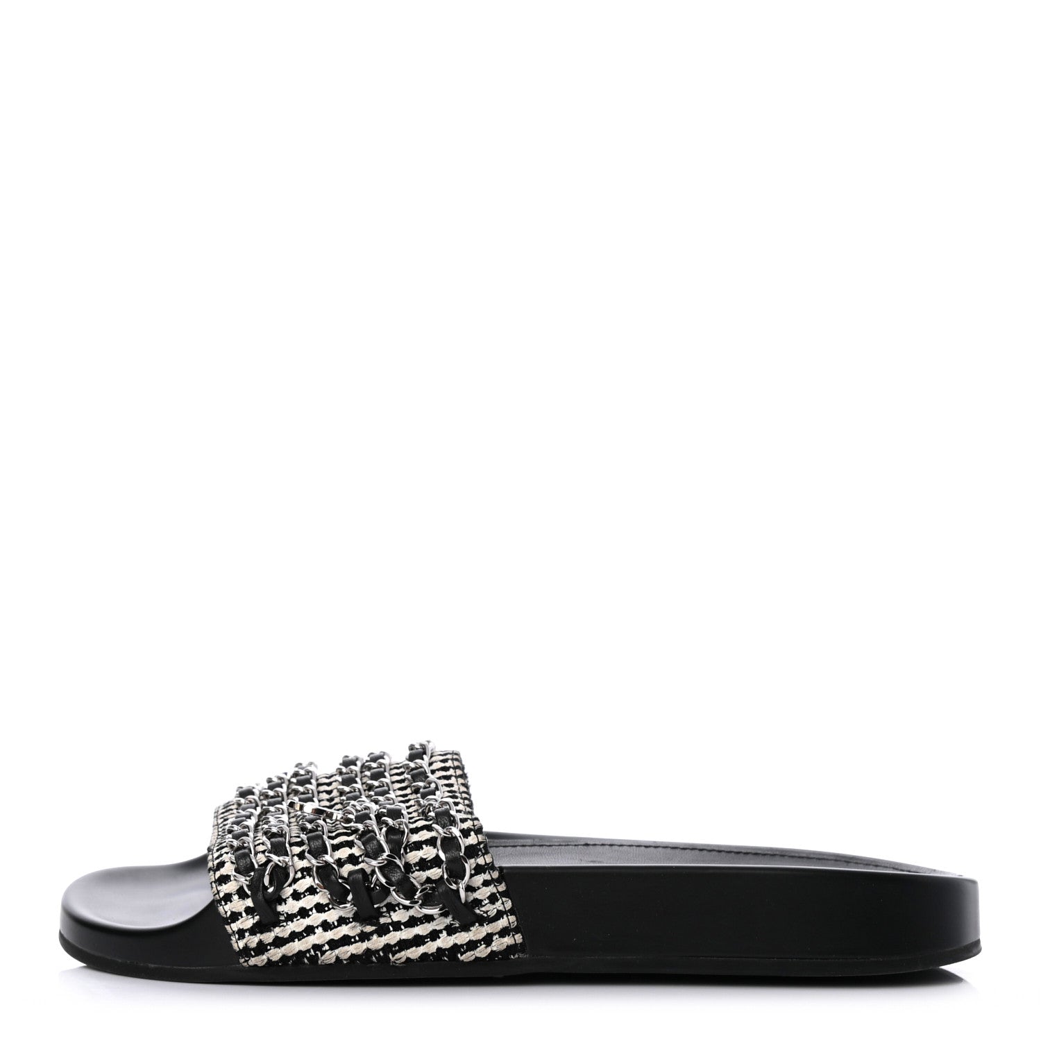 Chanel Tweed Lambskin Chain Flat Sandals 38 White Black 1 of 8