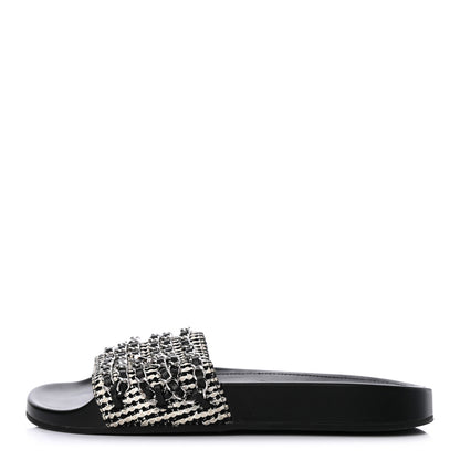 Chanel Tweed Lambskin Chain Flat Sandals 38 White Black 1 of 8