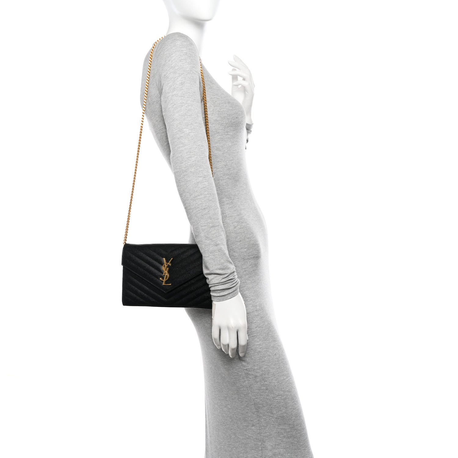 Saint Laurent Grain De Poudre Matelasse Chevron Monogram Chain Wallet Black 3 of 10