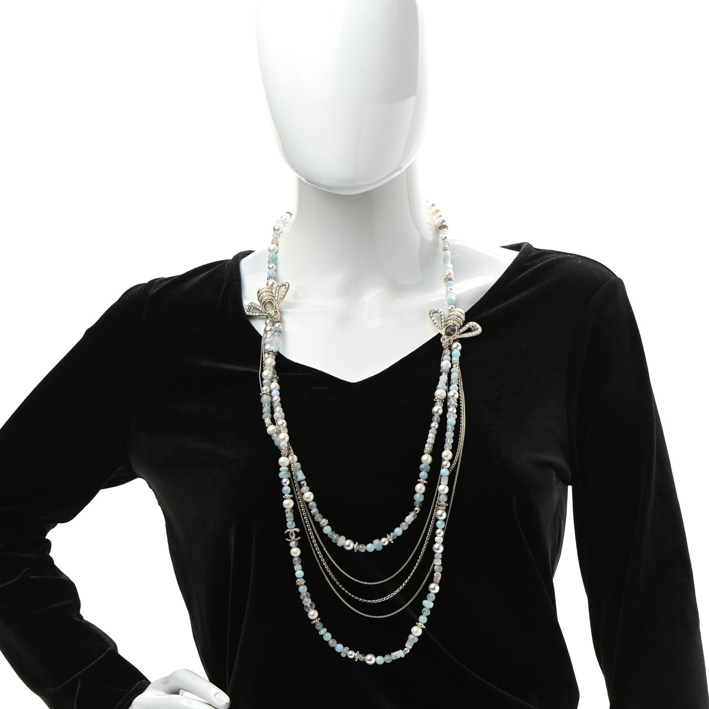 Beaded Pearl Crystal CC Bee Long Multi Strand Necklace Gold Blue