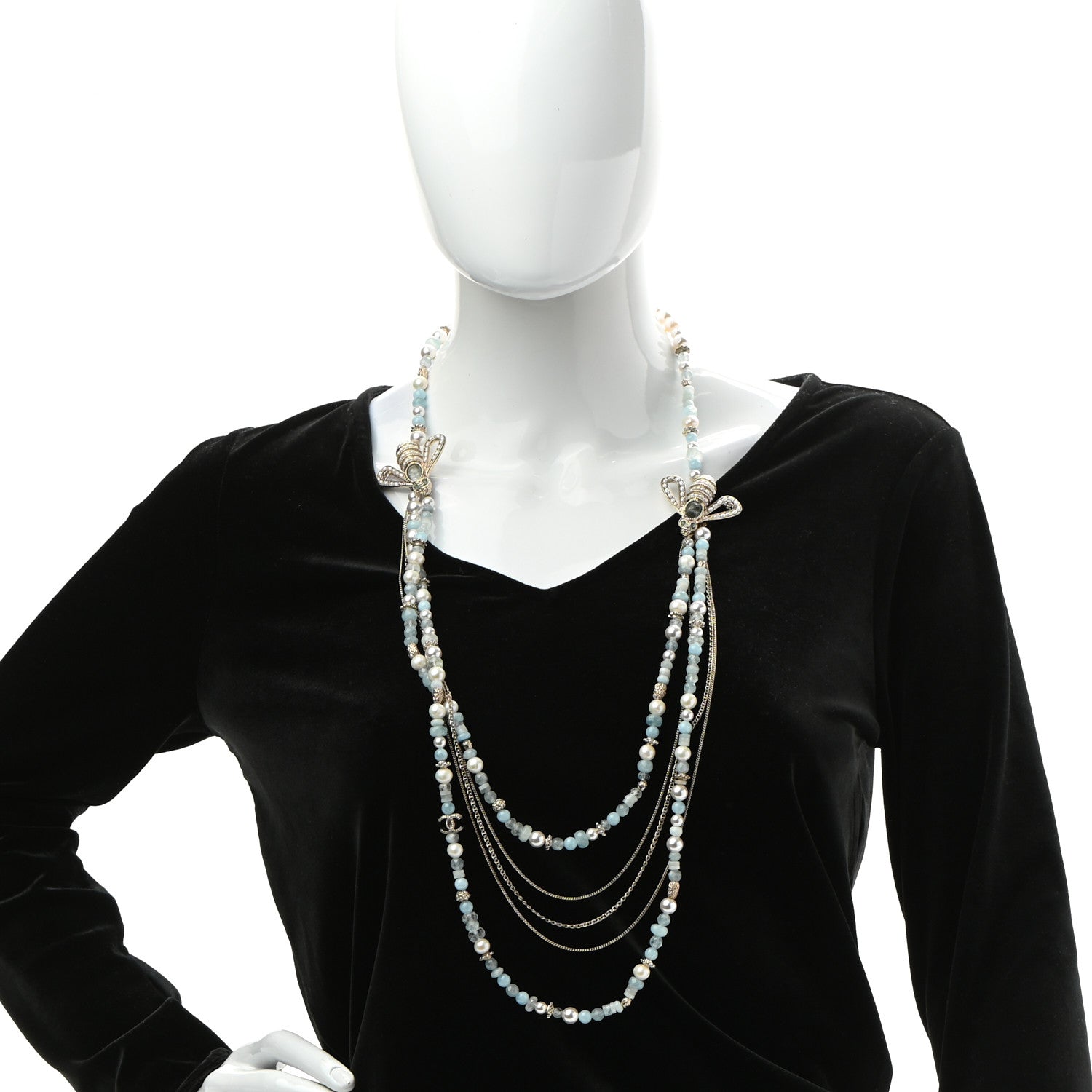 Chanel Beaded Pearl Crystal CC Bee Long Multi Strand Necklace Gold Blue 2 of 5