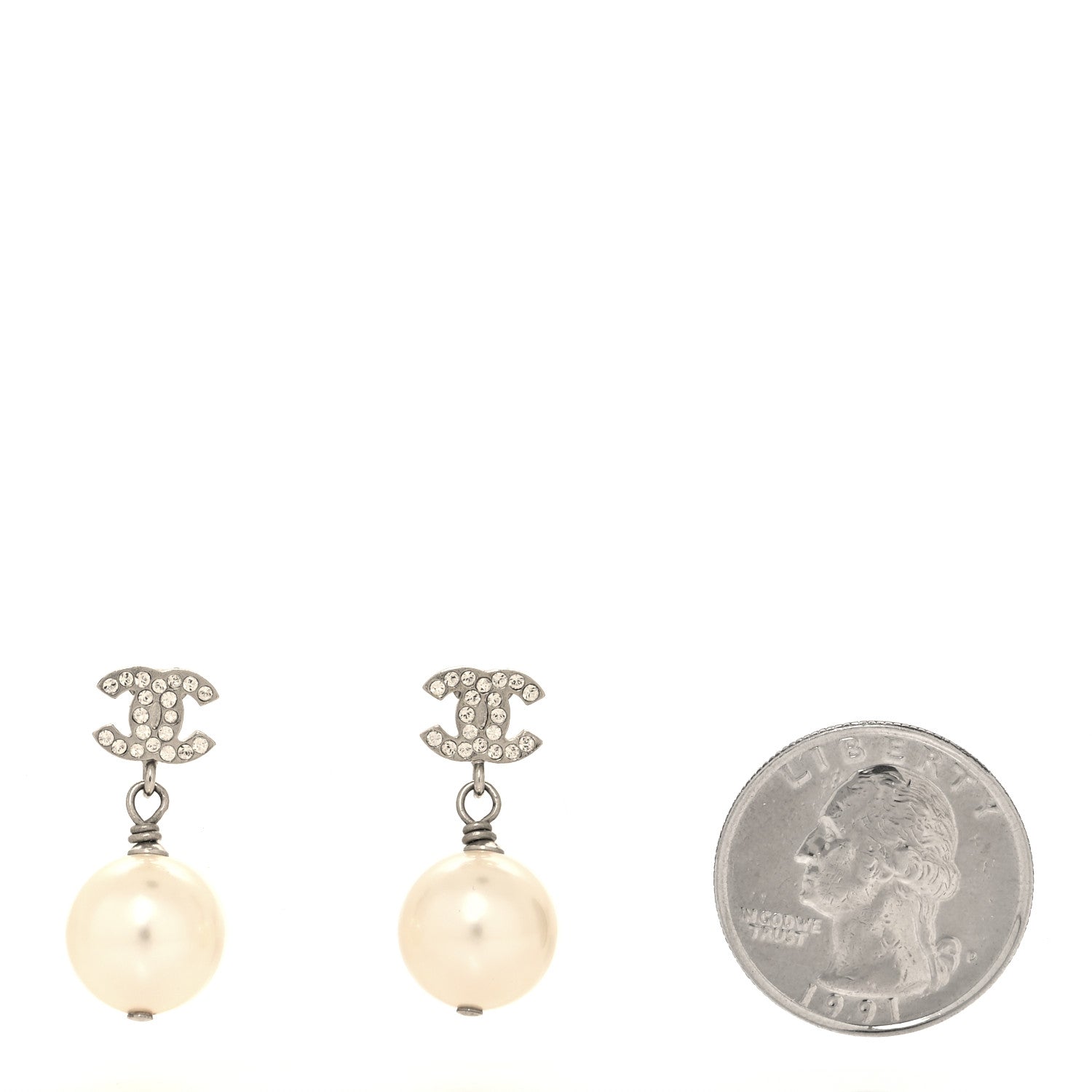 Chanel Crystal Pearl CC Drop Earrings Silver Pearly White 2 of 4