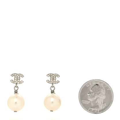 Chanel Crystal Pearl CC Drop Earrings Silver Pearly White 2 of 4