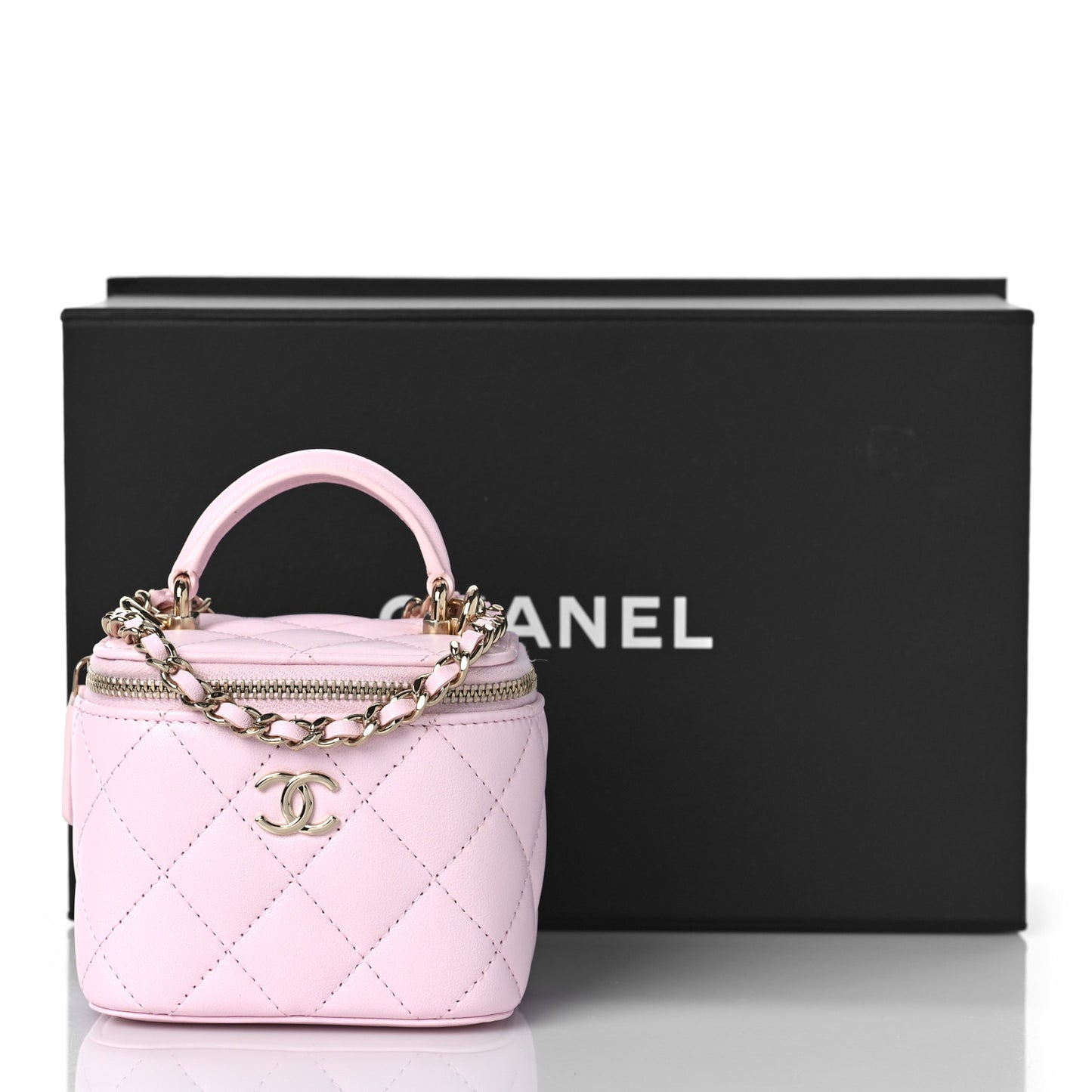 Lambskin Quilted Mini Top Handle Vanity Case With Chain Light Pink
