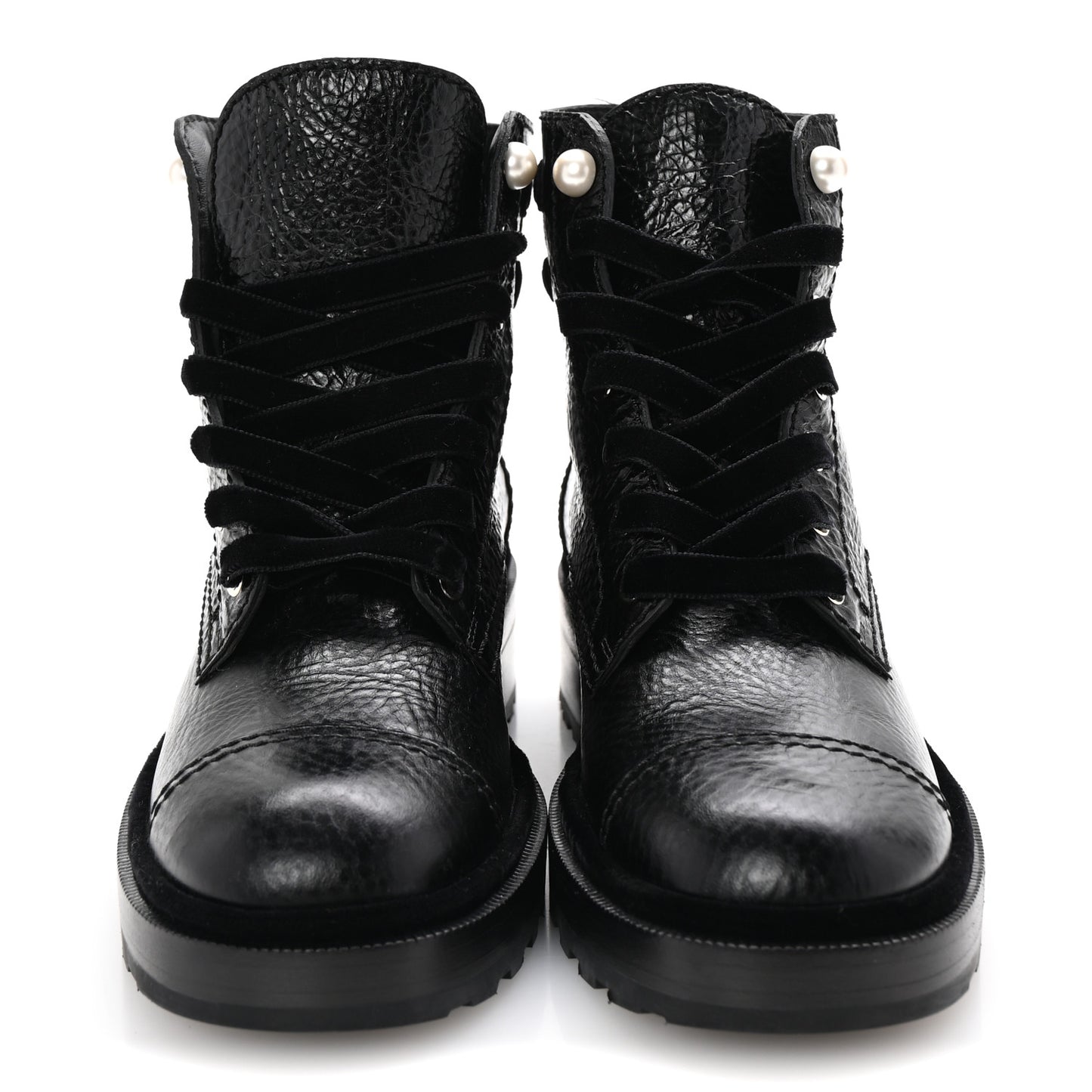 Shiny Calfskin Velvet Pearl Combat Short Boots 38 Black