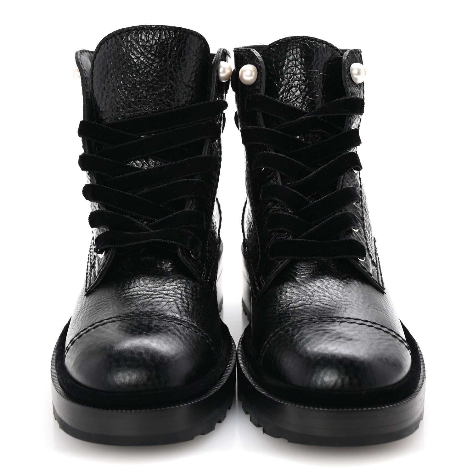 Chanel Shiny Calfskin Velvet Pearl Combat Short Boots 38 Black 3 of 10