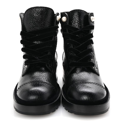 Chanel Shiny Calfskin Velvet Pearl Combat Short Boots 38 Black 3 of 10