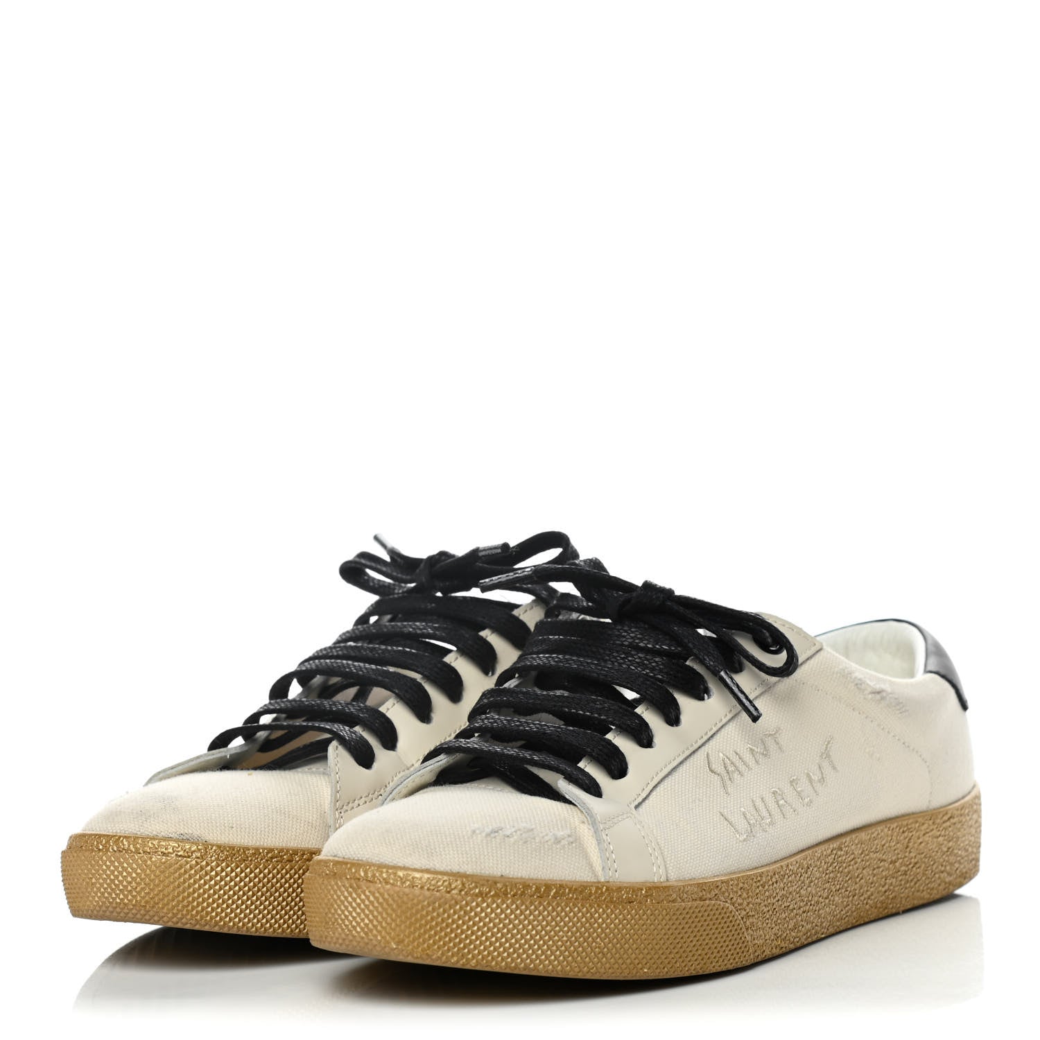 Saint Laurent Distressed Canvas Embroidered Court Classic Sneakers 36 White Black 3 of 9