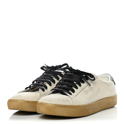 Saint Laurent Distressed Canvas Embroidered Court Classic Sneakers 36 White Black 3 of 9