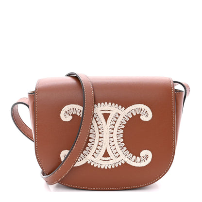 Celine Smooth Calfskin Cuir Triomphe Embroidered Folco Crossbody Bag Tan 1 of 11