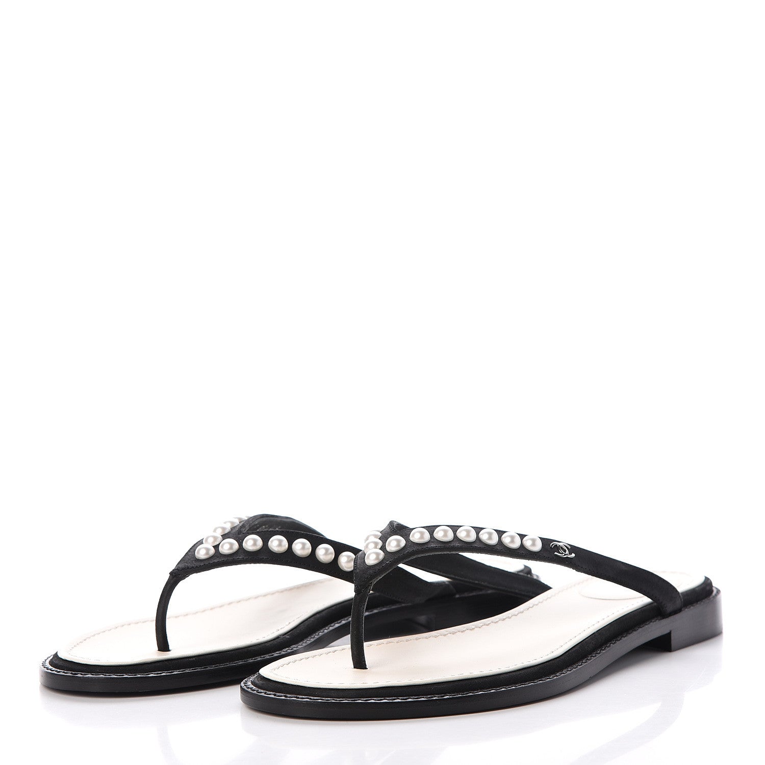 Chanel Suede Pearl Thong Sandals 37.5 Black 3 of 7
