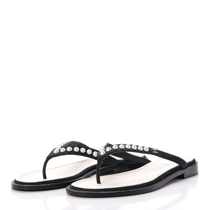 Chanel Suede Pearl Thong Sandals 37.5 Black 3 of 7