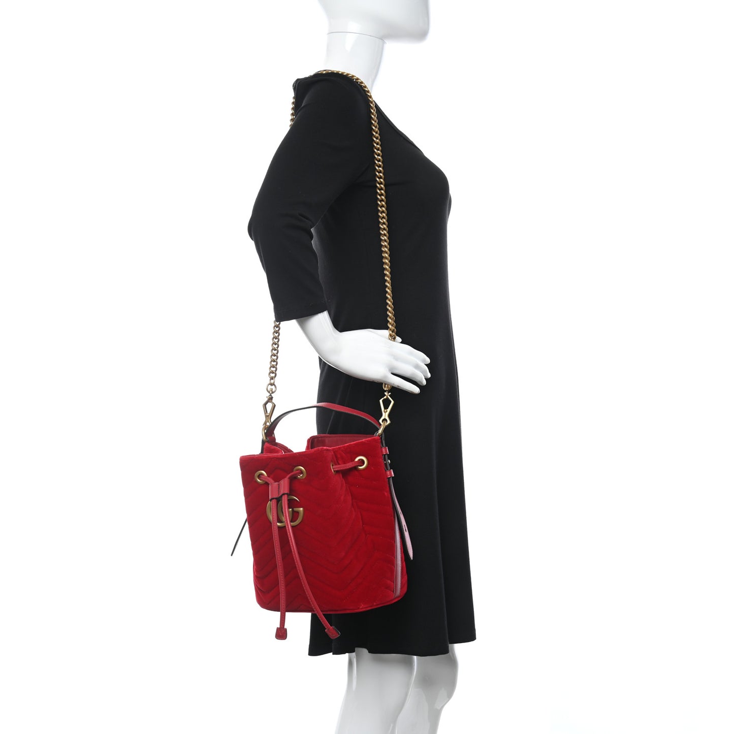 Velvet Matelasse GG Marmont Bucket Bag Hibiscus Red